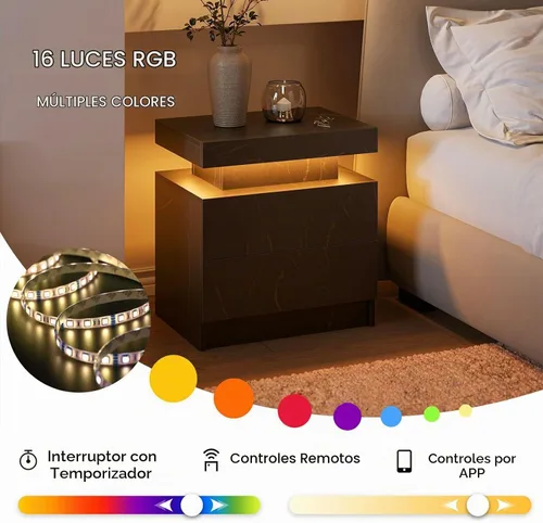 Vista 6 de Juego de 2 mesitas de noche con 2 cajones de madera, moderna mesita de noche LED para dormitorio