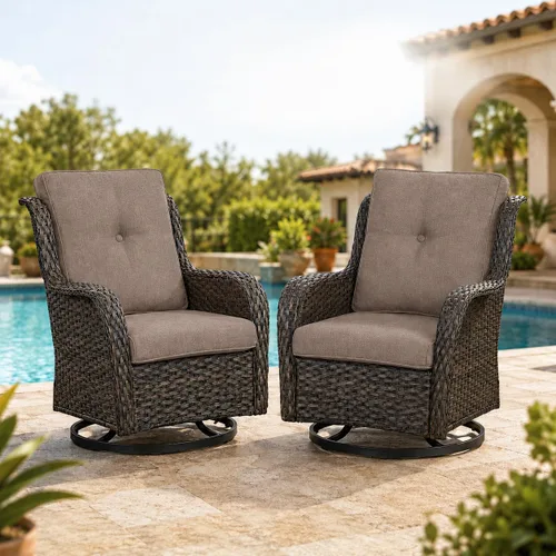 Vista 88 de HUMMUH Juego de 2 Sillas Giratorias Mecedoras de Mimbre para Patio Exterior, Juego de Muebles de Sillas Mecedoras de Ratán (Marrón, Azul) 50,000