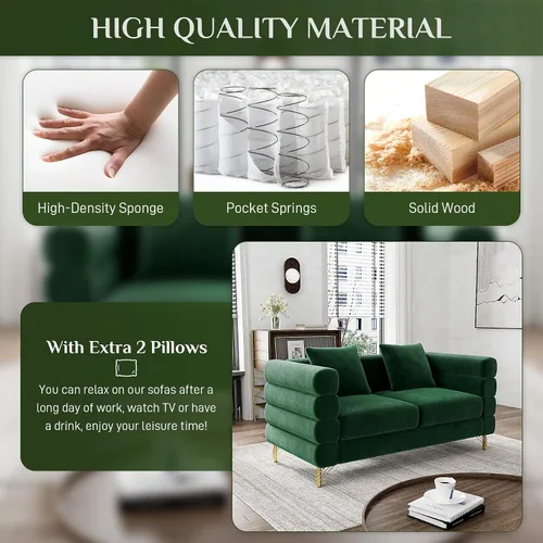 Vista 4 de OUYESSIR Sofá Cloud para sala de estar, cómodo sofá biplaza de terciopelo de 59 pulgadas con 2 almohadas y patas doradas, moderno asiento de dos