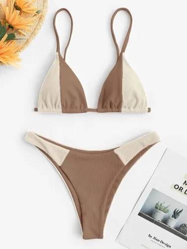 Vista 4 de ZAFUL Conjunto de bikini triangular acanalado para mujer, bikini atrevido con bloques de color, traje de baño brasileño