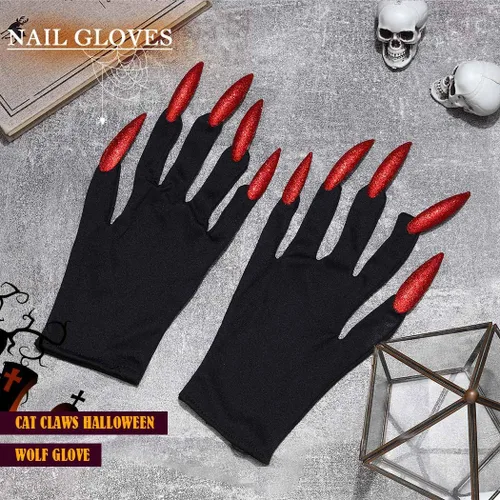 Vista 6 de Asooll Guantes de moda con uñas, guantes de fiesta, garras de gato, guante de lobo de Halloween, disfraz de fantasma para mujeres y niñas