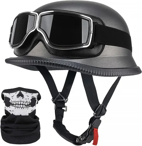 Vista 7 de Casco de motocicleta de estilo alemán, aprobado por DOT, para adultos, hombres y mujeres, casco de media carcasa con gafas, para bicicleta de calle