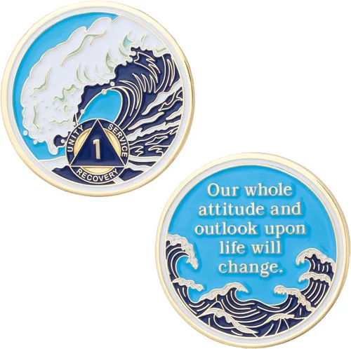 Vista 3 de Moneda AA de 1 año – Medallón de recuperación de ondas estrelladas de Sobriety Mint – azul/blanco/dorado