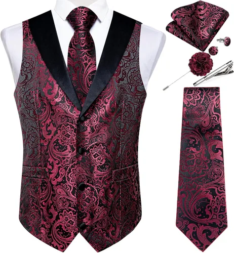 Vista 35 de DiBanGu Chaleco de traje de cachemira para hombre, chaleco jacquard de seda y corbata, chaleco formal de cuello de chal, 7 piezas para fiesta