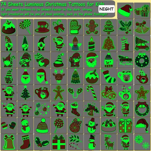 Vista 2 de CHARLENT Tatuajes temporales de Navidad que brillan en la oscuridad para suministros de fiesta de niños, 74 hojas individuales, tatuajes luminosos