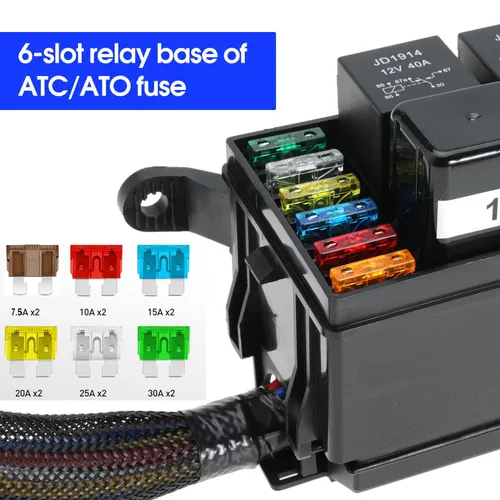 Vista 2 de Gebildet Caja de fusibles y relés de 12 V con 5 pines JD1914 40A relé y 1 relé de 4 pines 6 fusibles ATC/ATO, caja de relé de fusibles impermeable