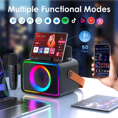 Vista 5 de Máquina de karaoke para niños y adultos, altavoz Bluetooth, 2 micrófonos Negro