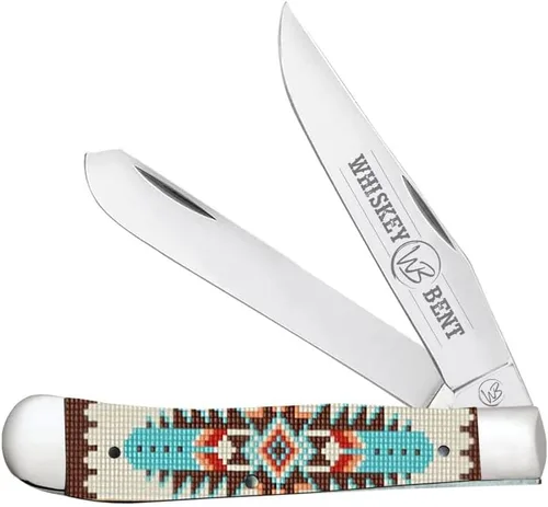 Vista 26 de WHISKEY BENT HAT CO. Navaja de bolsillo plegable tradicional Trapper de 4.125 pulgadas, longitud cerrada, cuchillas de acero inoxidable 440C (azteca)