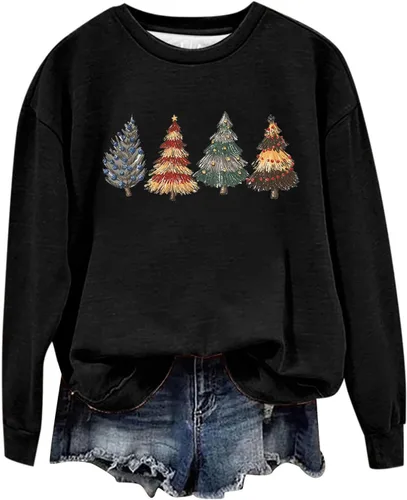 Vista 4 de Sudadera para mujer con estampado de Navidad, cuello redondo, holgada, hombros caídos, camisetas de invierno