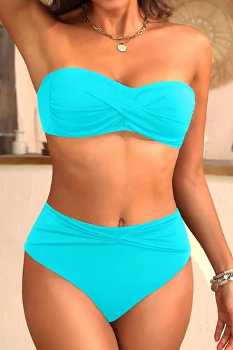 Vista 3 de Tempt Me Conjunto de bikini bandeau para mujer, traje de baño de dos piezas sin tirantes de corte alto de cintura alta Agua