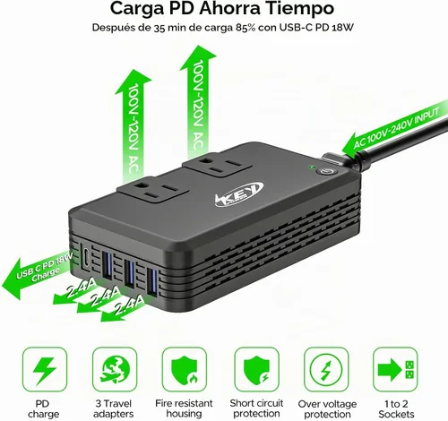 Vista 6 de Key Power Convertidor de voltaje de 220v a 110v de EE. UU. a Europa