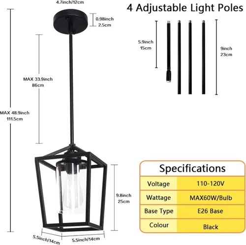 Vista 3 de Luces colgantes negras para isla de cocina, lámparas de 1 luz, iluminación de isla de granja, lámpara colgante de linterna para pasillo, vestíbulo