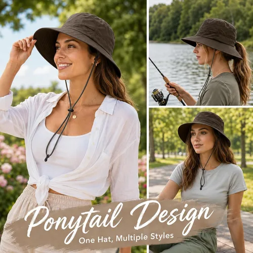 Vista 6 de Sombrero de cola de caballo para mujer, UPF50+, impermeable, sombrero de Café