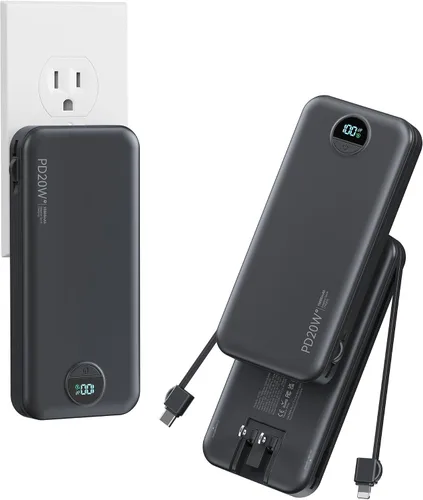Vista 15 de Banco de poder aonidi de 12000mAh ultraportátil con cables y enchufe de pared AC incorporados, paquete de batería para teléfono celular con carga