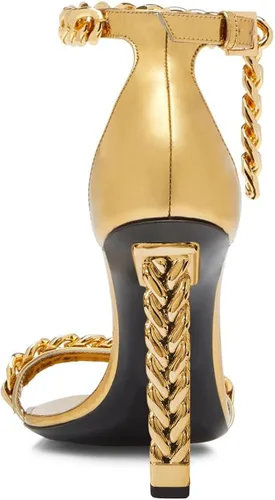 Vista 3 de FSJ Sandalias de tacón alto grueso de metal dorado para mujer, decoración de cadenas sexis con puntera abierta, correa de tobillo, sandalias