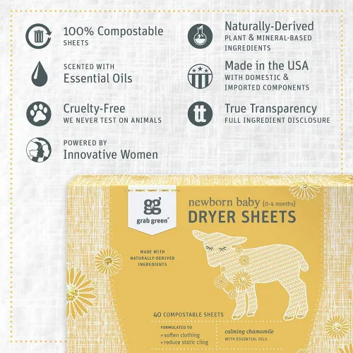 Vista 3 de Grab Green Newborn Baby Dryer Sheets, 120 Count, Calming Chamomile Scent