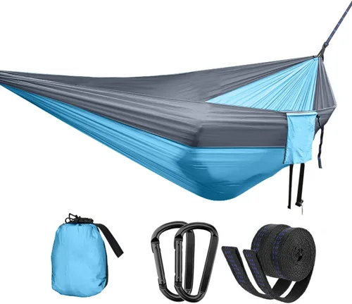 Vista 26 de Hamaca doble ajustable de capacidad de 550 libras con soporte de acero resistente de 10 pies, incluye funda de transporte portátil, fácil de Azul