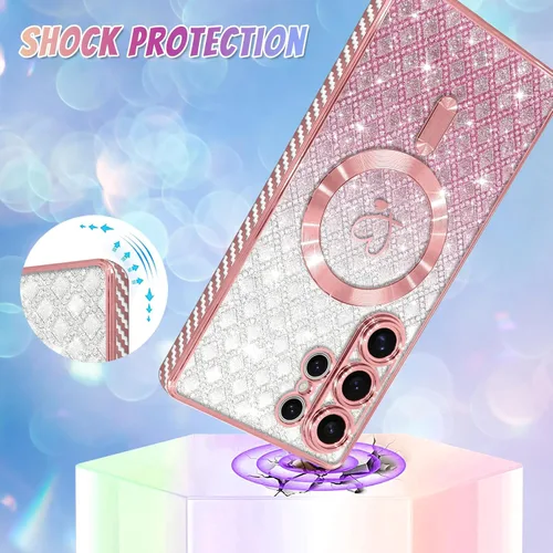 Vista 646 de Bonoma - Funda compatible con Samsung Galaxy S21 Plus, diseño de corazón con purpurina, color rosa Support for MagSafe, Plating Magnetic Case TPU