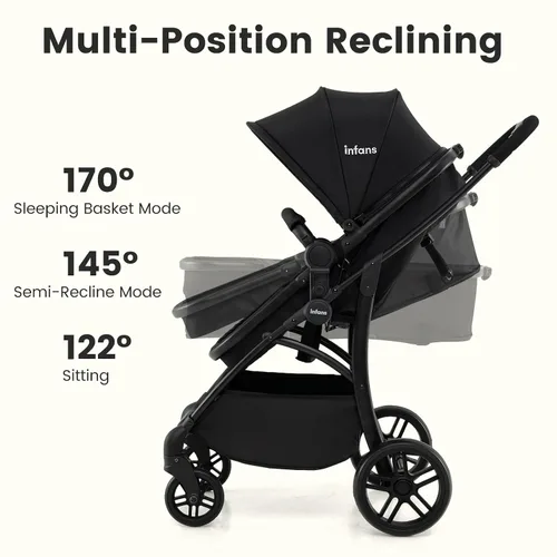 Vista 4 de INFANS Cochecito de bebé 2 en 1, cochecito convertible con moisés, asiento reversible, respaldo ajustable, plegable con una mano, cochecito compacto