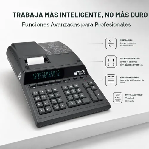 Vista 3 de Monroe ClassicX Calculadora de impresión resistente de 12 dígitos, rollo de papel cerrado, teclas táctiles de terciopelo, 5 líneas/segundo, memoria