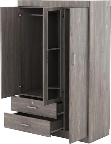 Vista 8 de Armario de madera de 68.2 pulgadas de alto con espejo, moderno armario independiente de madera con 3 puertas y cajones de bloqueo, armario