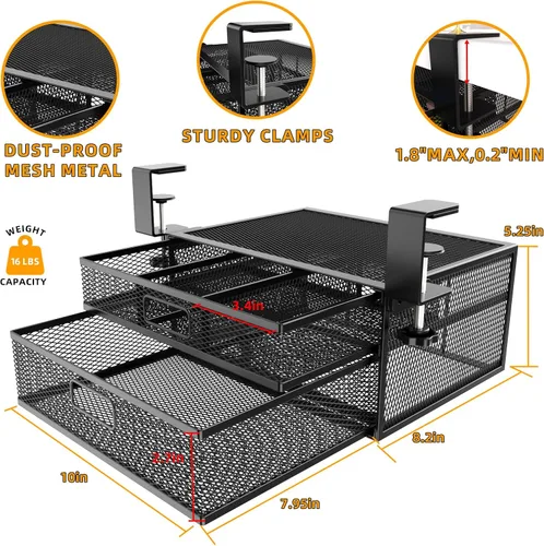 Vista 7 de Organizador de cajones para debajo del escritorio, sin taladrar debajo del escritorio, organizador de cajones de metal para debajo del escritorio