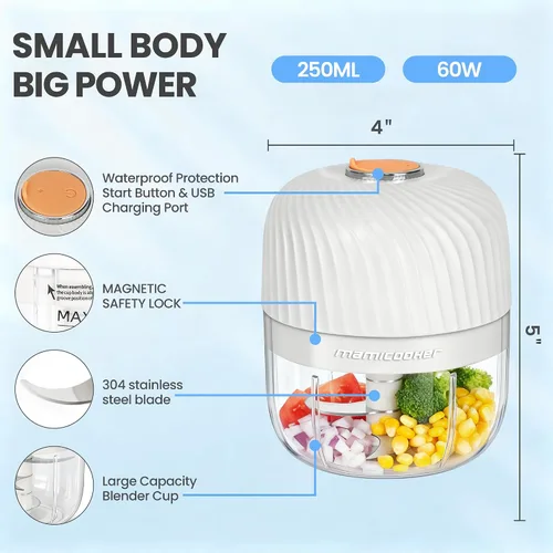 Vista 2 de Picador eléctrico de ajo, mini picador portátil de verduras, molinillo de ajo de 8.5 fl oz, triturador de cebolla, licuadora a verduras, procesador