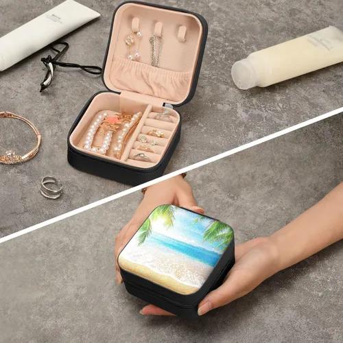 Vista 8 de Emelivor Joyero de viaje con palmera de playa, de piel sintética, portátil, organizador de joyas de viaje, pequeño joyero para aretes, anillos