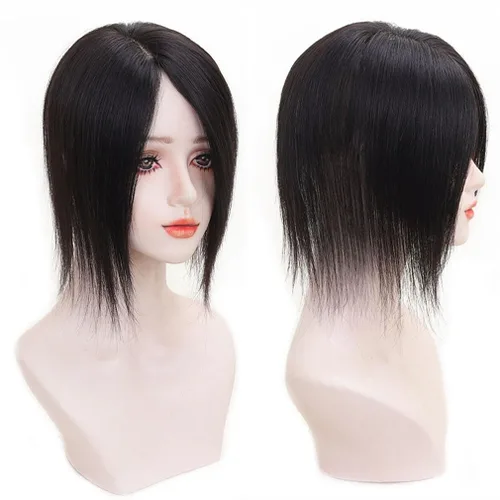 Vista 6 de Parte en U de cabello humano real con base de seda, parte lateral, clip en el postizo lacio, sin costuras, repuesto para pérdida de cabello de Negro