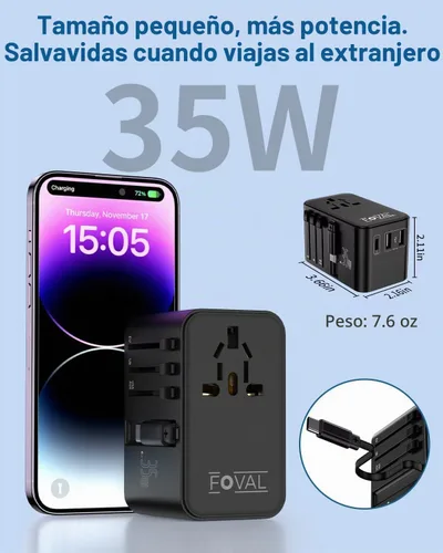 Vista 7 de FOVAL Adaptador de enchufe de viaje europeo, adaptador de viaje universal con cable USB C retráctil, adaptador de corriente internacional todo