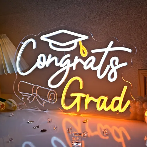 Vista 7 de Britrio Letrero de neón con texto en inglés "Congrats Grad" para graduación, celebración, fiesta, decoración iluminada, clase de 2026