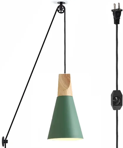 Vista 14 de Kiven Lámpara colgante de polea enchufable, luz colgante ajustable con cable de interruptor de atenuación de 15 pies, pantalla de aluminio macarón