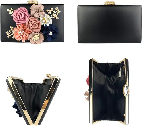 Vista 4 de Bolso de noche floral para mujer, bolso de embrague de novia con flores 3D, elegante banquete de boda, baile de graduación, bolso de noche