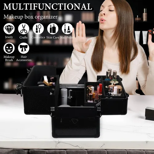 Vista 4 de Estuche de maquillaje grande para maquillaje, estuche organizador de cosméticos, caja de viaje portátil para artistas de maquillaje con 4 bandejas