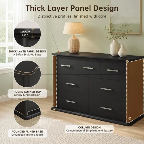 Vista 5 de YESHOMY Cómoda con 7 cajones para dormitorio, cómoda de 47.2 pulgadas de Negro