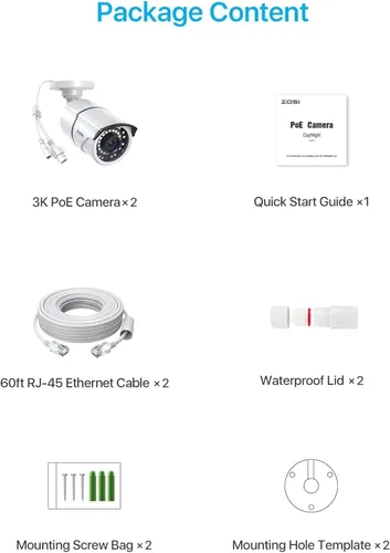 Vista 9 de ZOSI Paquete de 2 cámaras de seguridad PoE complementarias de 5MP con cables Ethernet, visión nocturna de 120 pies, IP66 resistente a la intemperie