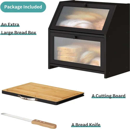 Vista 6 de Panera extragrande con tabla de cortar, panera de madera de bambú para encimera de cocina, contenedor de almacenamiento de pan de gran capacidad