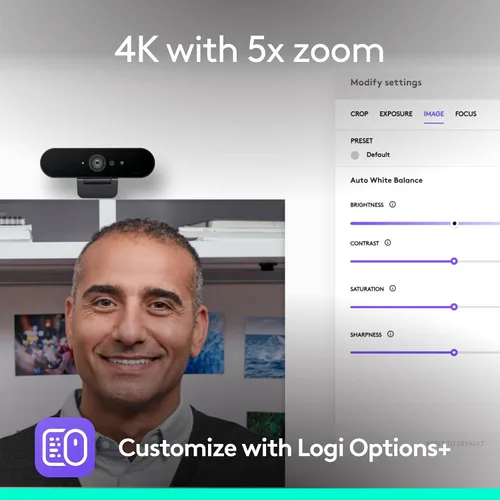 Vista 2 de Logitech Brio - Cámara web 4K, para videollamadas, micrófono con cancelación de ruido, corrección de luz HD automática, amplio campo de visión