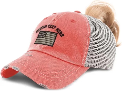 Vista 10 de Gorra de béisbol de cola de caballo personalizada Bandera estadounidense Solo diseño negro.