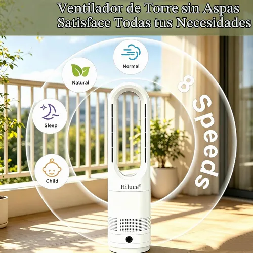 Vista 4 de Hiluce Ventilador sin aspas para dormitorio, ventilador de enfriamiento de torre, control remoto silencioso de 20 dB, 8 velocidades, temporizador