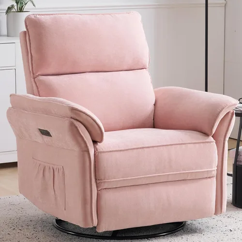 Vista 17 de Sillón reclinable giratorio de gran tamaño con reposacabezas ajustable, mecedora para guardería con reposabrazos sobrerelleno, silla reclinable Beige