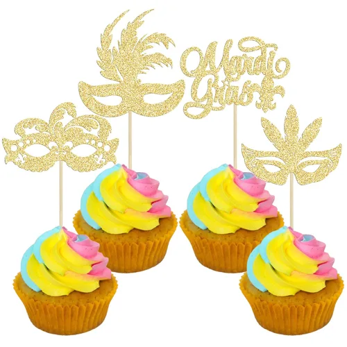 Vista 16 de Gyufise 24 máscaras de mascarada para cupcakes con purpurina para despedida de soltera, para cupcakes, comida y frutas, baile de máscaras, Mardi