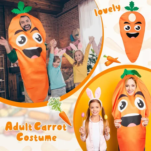 Vista 6 de Jecery Disfraz de zanahoria para adultos de Halloween, 2 piezas, para hombres y mujeres, divertido disfraz de frutas y verduras, verde, naranja