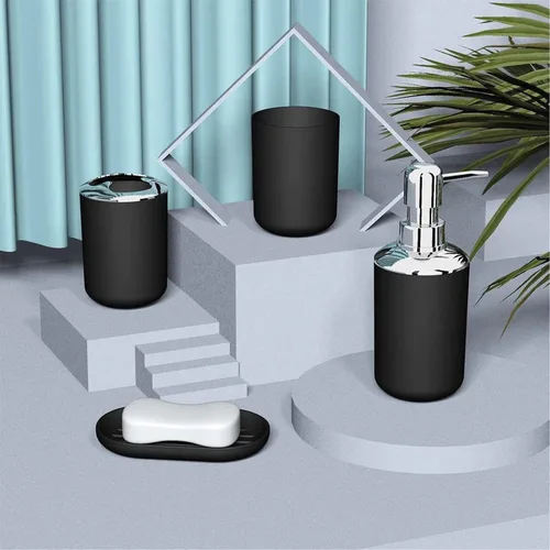 Vista 3 de Juego de 4 accesorios de baño, con dispensador de jabón, botella, cepillo de dientes y soporte para pasta de dientes, taza para cepillos de dientes