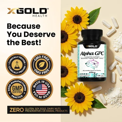 Vista 5 de X Gold Health Alpha GPC Colina 600 mg, suplemento nootrópico puro, 120 cápsulas vegetales, potenciador cognitivo para la memoria, salud cerebral