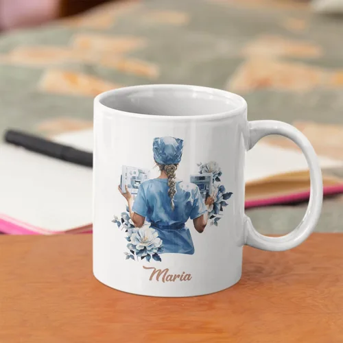 Vista 3 de Enfermera con equipos médicos Tazas de café, Taza de cerámica de enfermería con nombre personalizado, Taza de café asistente médica, Regalo