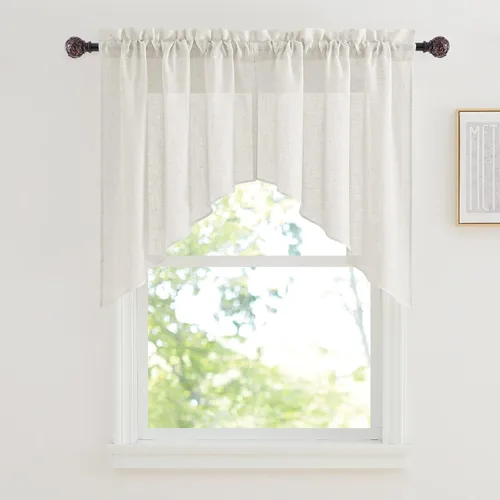 Vista 48 de RYB HOME - Cortinas de café de 24 pulgadas de largo, cortinas cortas de lino traslúcidas para ventana pequeña, cortina de media privacidad con Angora