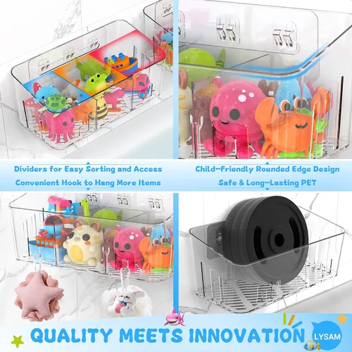 Vista 5 de Lysam Almacenamiento de juguetes de baño, 2 paquetes, soporte grande para juguetes de baño con 3 compartimentos, organizador de juguetes de bañera