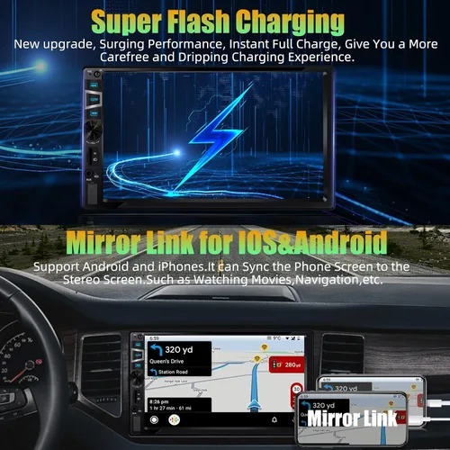 Vista 5 de Estéreo de auto doble DIN con CarPlay inalámbrico y Android Auto, radio de coche HD de 7 pulgadas con Bluetooth, entrada USB/SD/AUX, FM, SWC