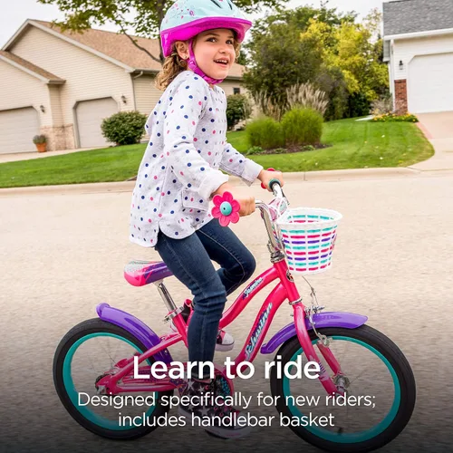 Vista 2 de Schwinn Jasmine - Bicicleta infantil con ruedas de entrenamiento, ruedas de 16 pulgadas, niños y niñas de 3 a 5 años de edad, canasta, posavasos